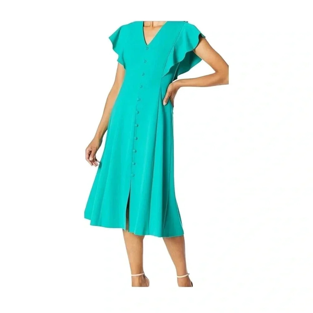 Calvin Klein Women's Flutter Sleeve V-Neck Midi with Button Front Detail Dress